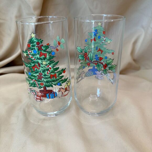 2 Vintage Luminarc Tumblers Noel Christmas Tree Drinking Glasses 6" - Picture 3 of 8